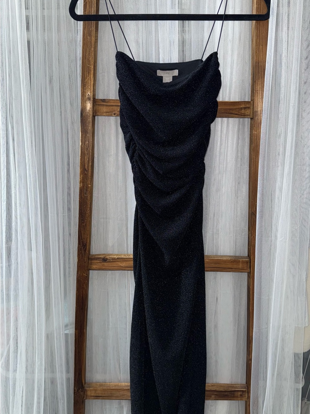 Black Ruched Slip Dress with Spaghetti Straps